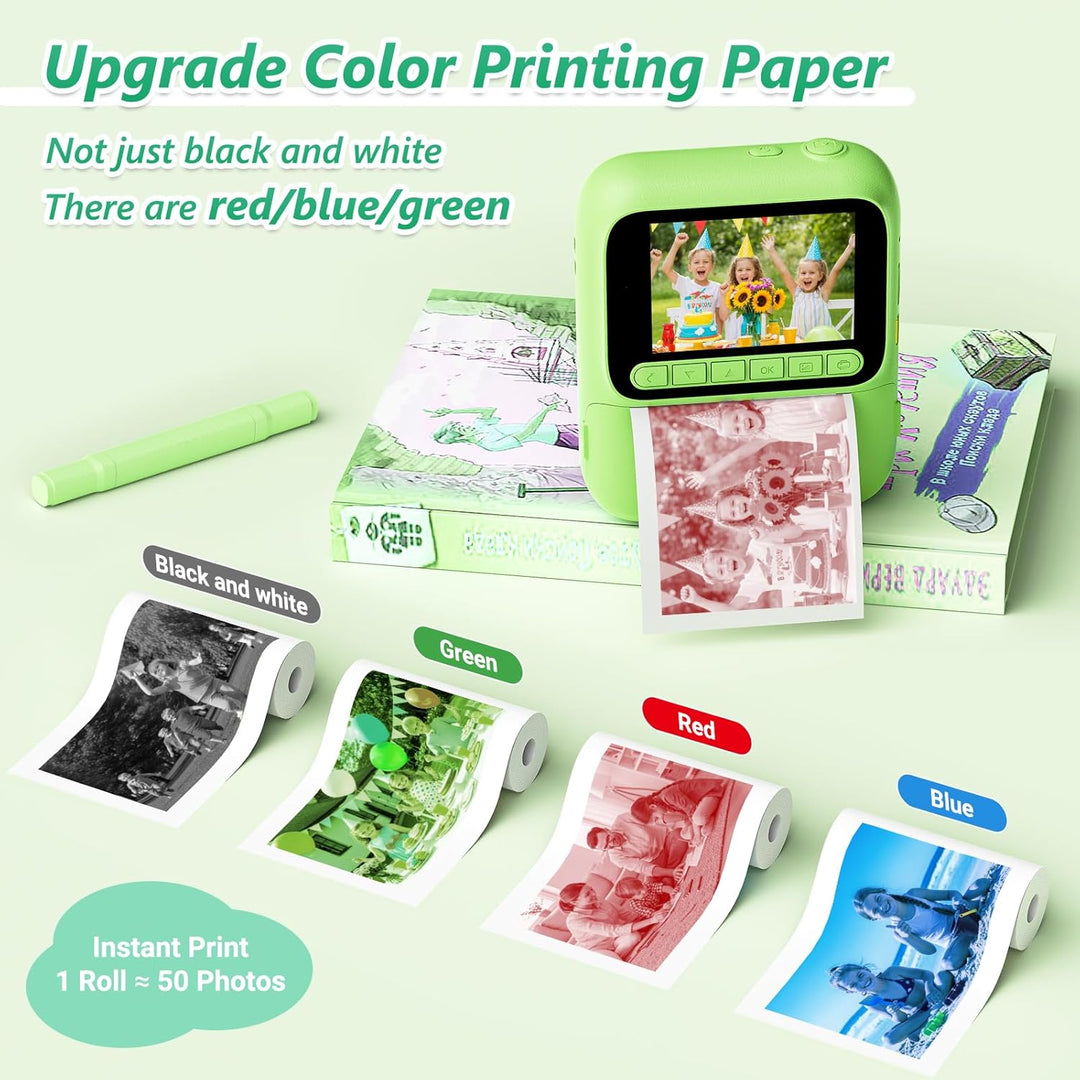 Sofortbildkamera für Kinder,1080P Kinderkamera mit 5 Rollen Druckpapier,32GB-Karte und Farbstiften,