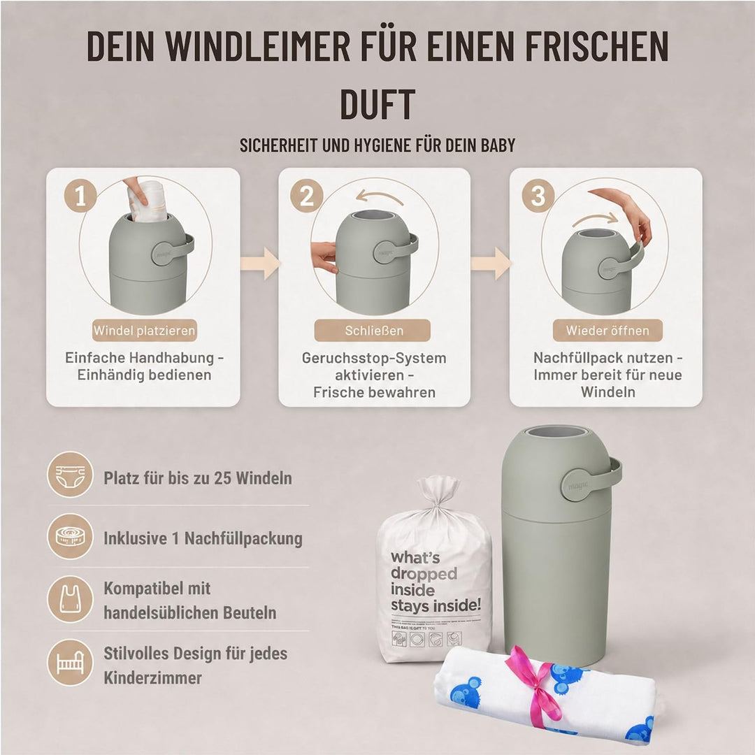 Set Magic Windeleimer Majestic &amp; Windel Blaubär | Diaper Keeper 12L mit Geruchsstop-System | bis zu