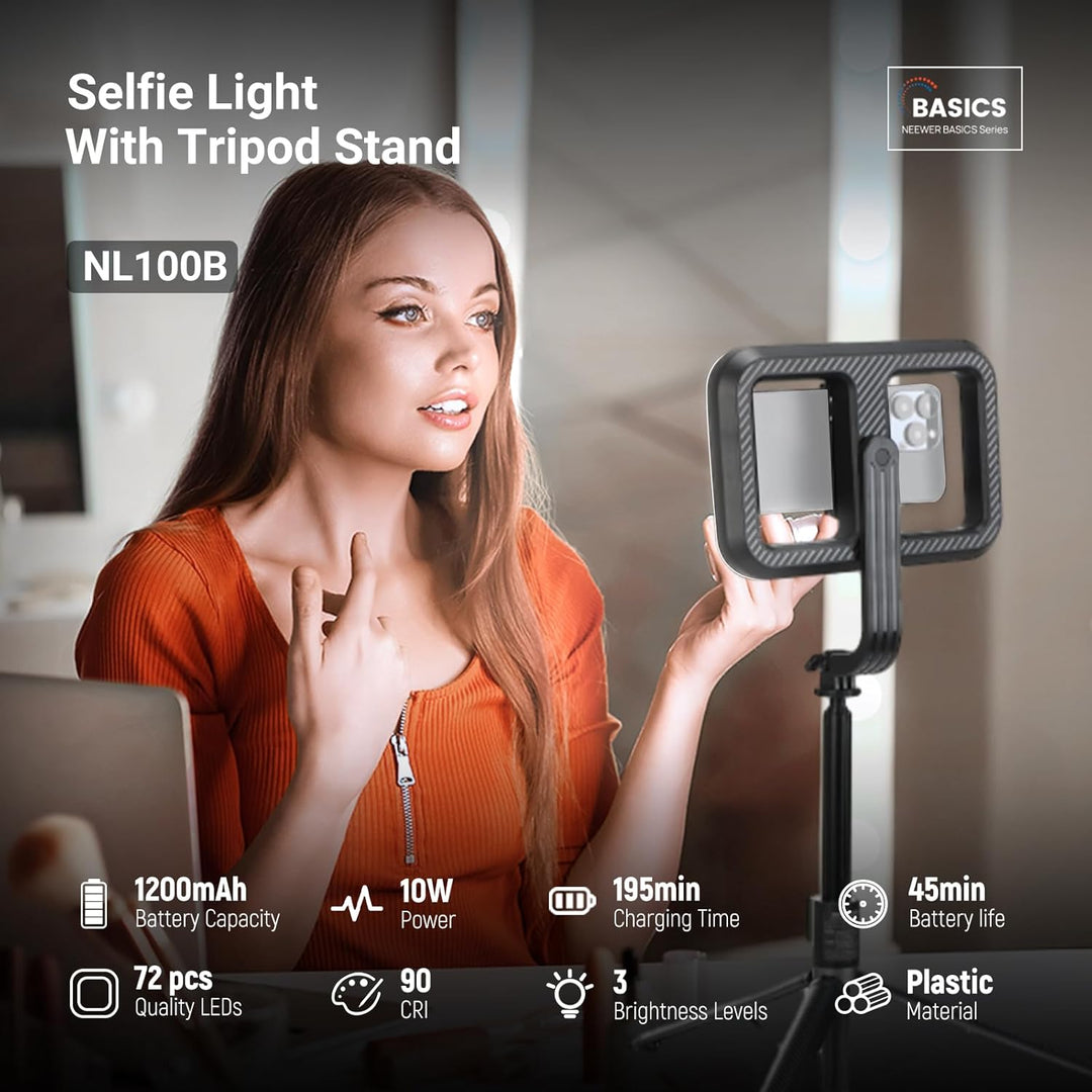 NEEWER Basics 10W Selfie Licht mit Stativ, 1200mAh LED Quadrat Ringlicht, 72" Selfie Stick Handyhalt