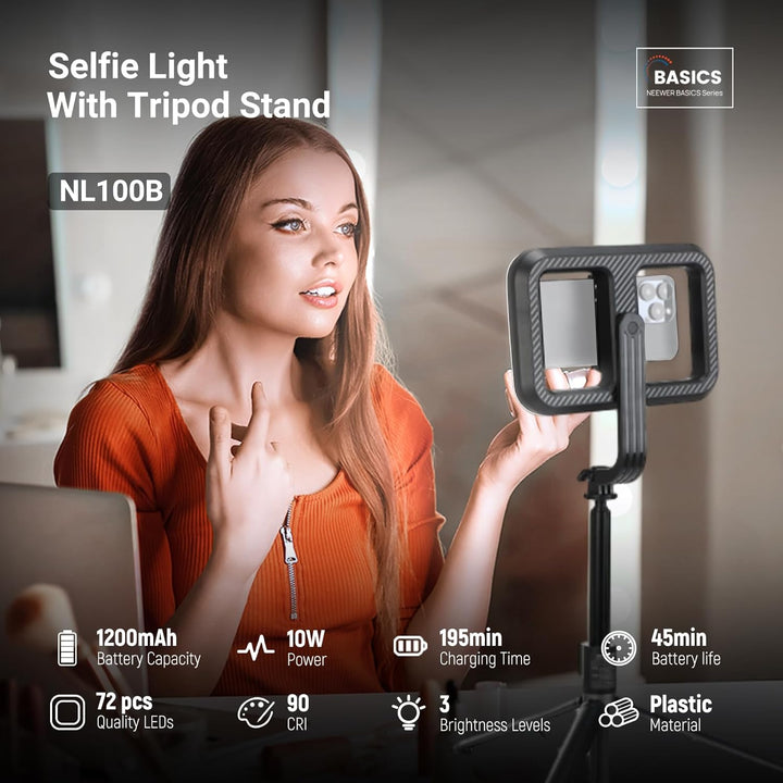 NEEWER Basics 10W Selfie Licht mit Stativ, 1200mAh LED Quadrat Ringlicht, 72" Selfie Stick Handyhalt