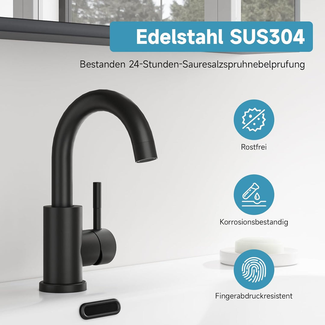 Wasserhahn Bad Schwarz, Wasserhahn Küche Edelstahl, 360° Drehbar Waschtischarmatur Hoch, Einhebelmis