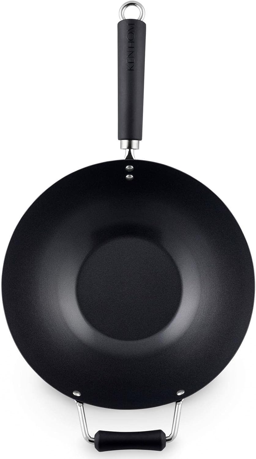 Ken Hom Wok Set 13-tlg. Induktion aus Karbonstahl antihaftbeschichtet mit Glasdeckel - grosse Stielw