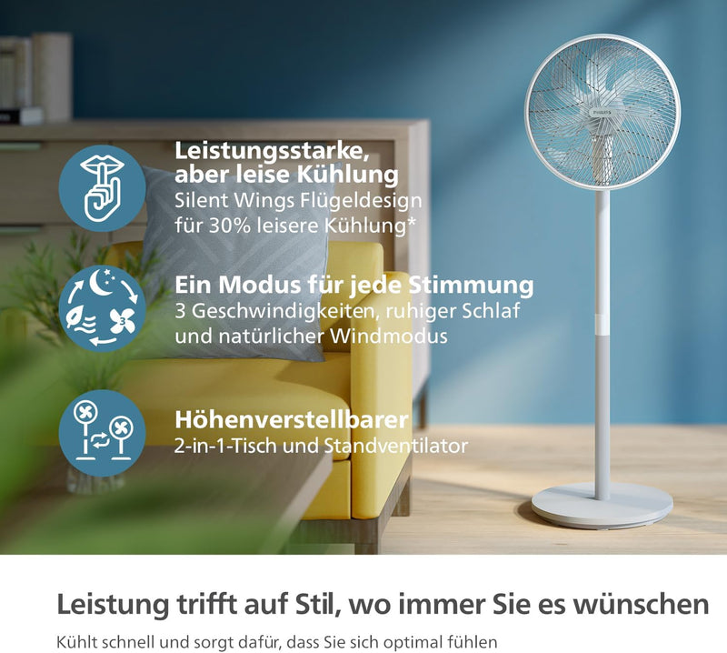 Philips Standventilator Serie 2000. Stark & superleise mit SilentWings Technologie. 19 dB. 2-in-1-Ti