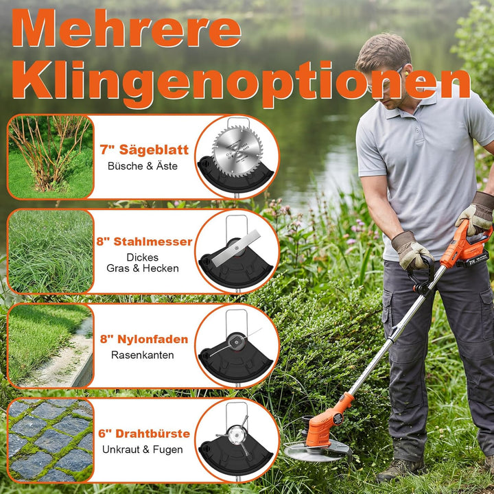 Rasentrimmer Akku 21V, 4-in-1 Freischneider mit 850W Motor und LCD-Anzeige, inkl. Stahlbürste und 8"