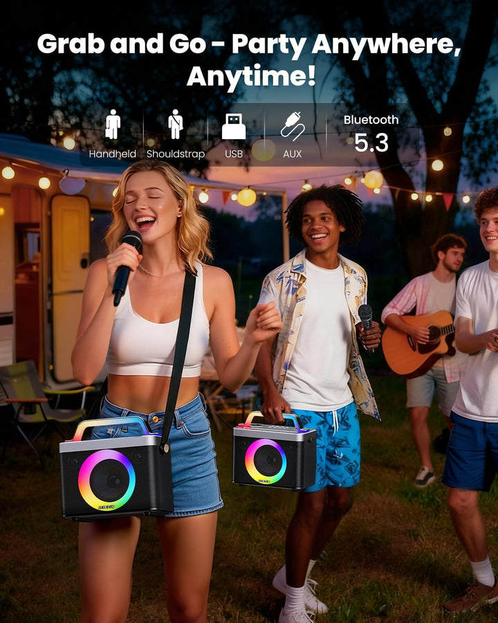 Tragbare Bluetooth-Karaoke-Maschine für Erwachsene und Kinder – 2 Kabellose Mikrofone, Schultergurt,