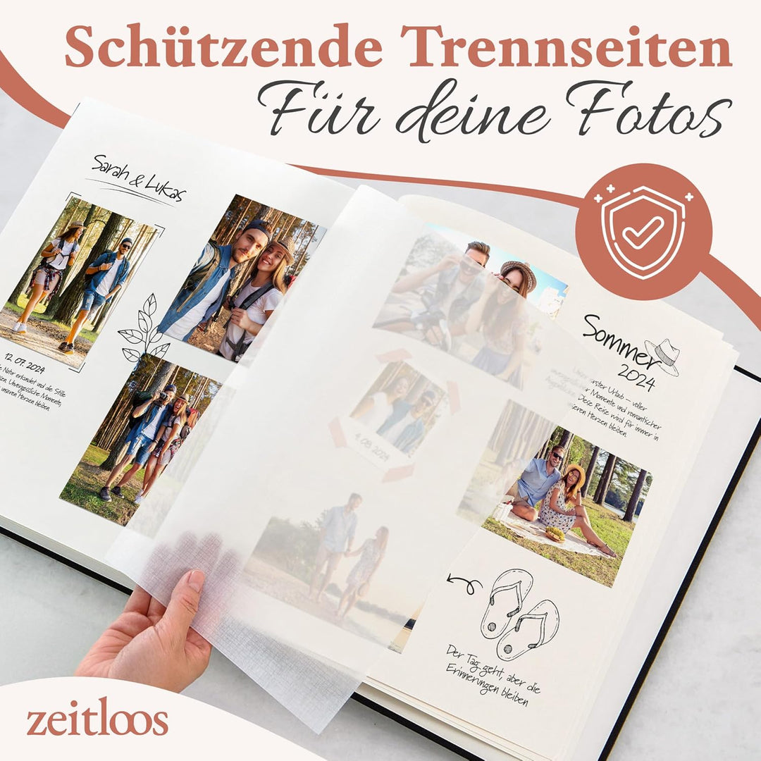 Zeitloos Fotoalbum zum Einkleben - Platz für 500 Fotos (100 Seiten oder 50 Blatt). Echtes leinen in