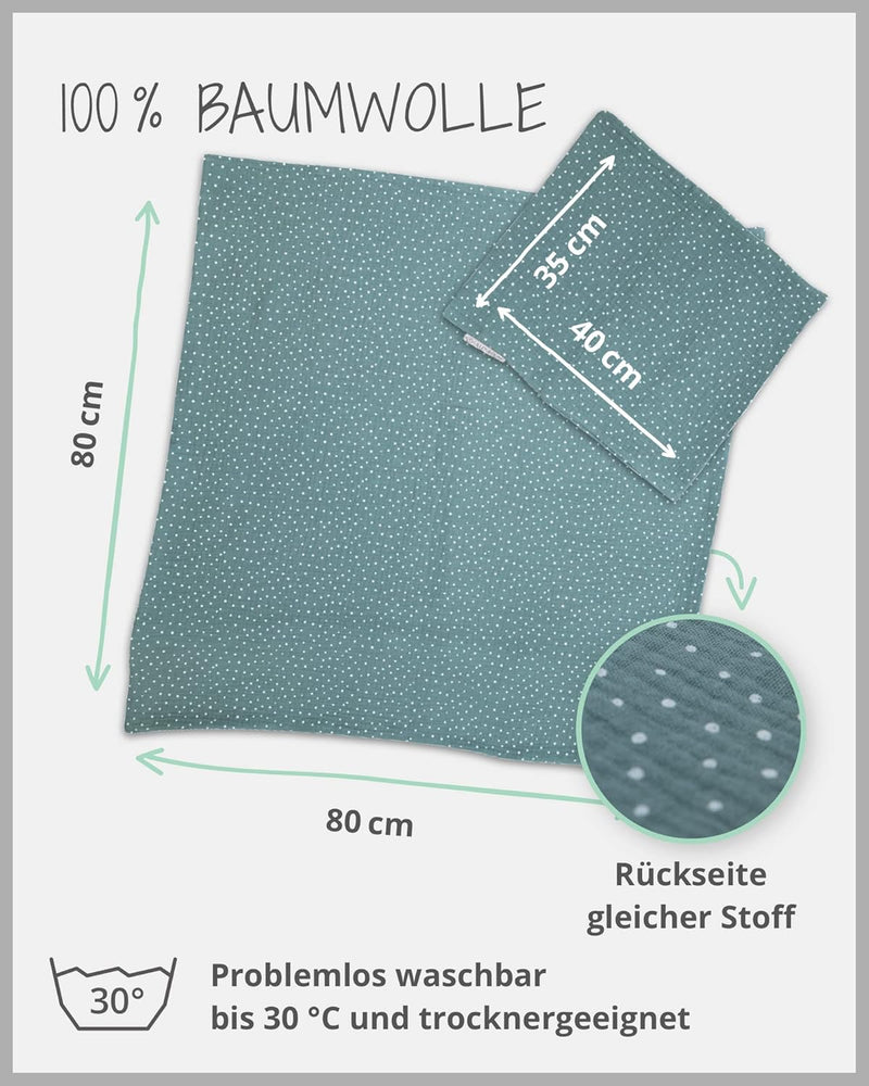 ULLENBOOM ® Babybettwäsche 80x80 cm Musselin Salbeigrün - 2 Teile (komplett): Baby Bettwäsche 80x80