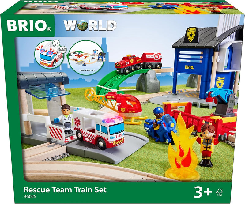 BRIO World 36025 Polizei und Feuerwehr Set Deluxe - Grosses Rettungskräfte-Set mit Polizeistation, F