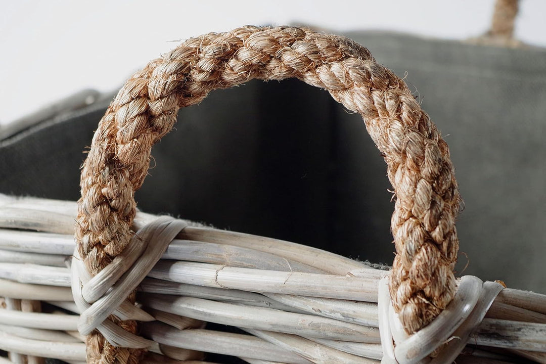 Kobolo Kaminholzwagen mit Rollen Holzkorb für Kaminholz -Rattan- mit Innenfutter aus Jute