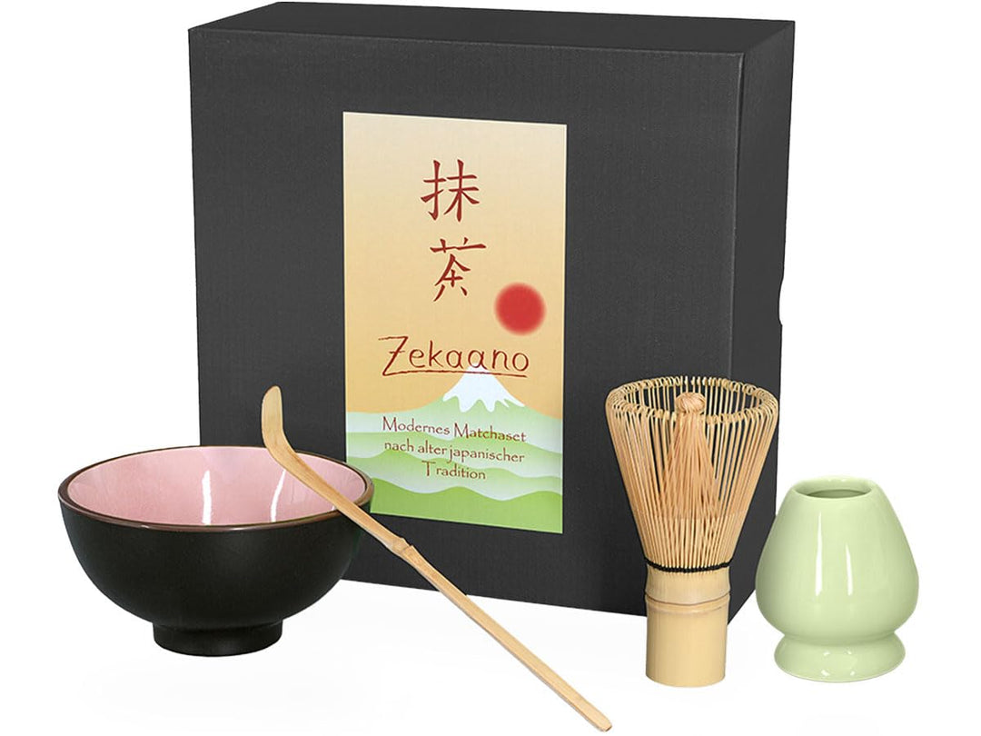 Matcha-Set 4-teilig, rosa, bestehend aus Matcha-Schale, Matcha-Löffel, Matcha-Besen (Bambus) und Bes