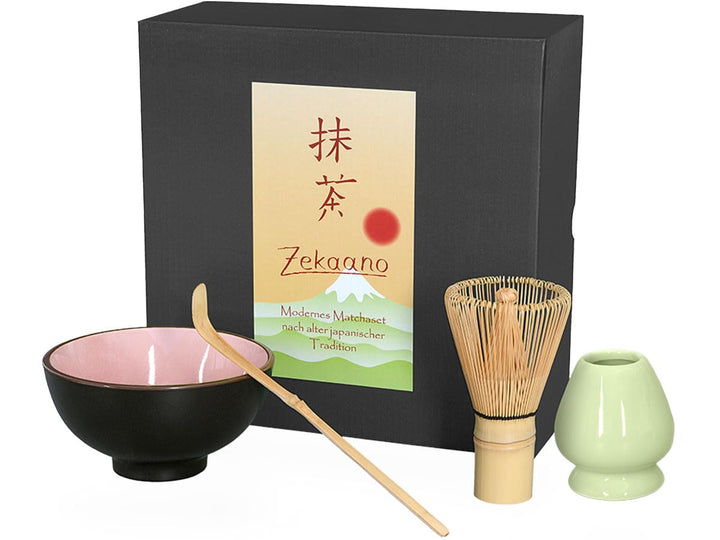 Matcha-Set 4-teilig, rosa, bestehend aus Matcha-Schale, Matcha-Löffel, Matcha-Besen (Bambus) und Bes
