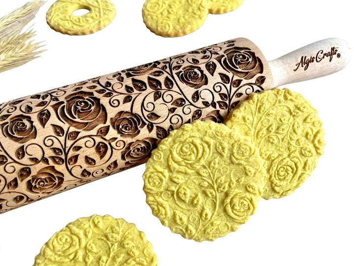 DAMASCUS ROSEN Nudelholz. Teigrolle mit Rosen für Hausgemachtes Gebäck. Teigroller mit Blumen. Gravi