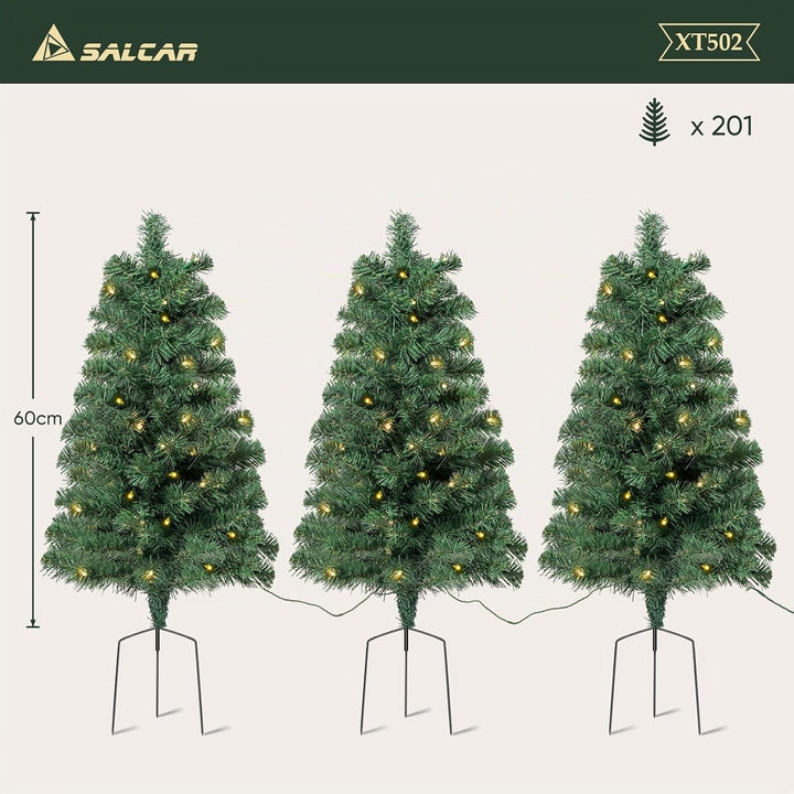 SALCAR 3er-Set Künstlicher Weihnachtsbaum 60cm mit Beleuchtung – PVC Tannenzweige mit Erdspiess, ide