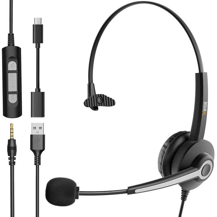Wantek Headsets Mono mit Noise Cancelling Mikrofon,USB/Type-c/3.5mm Jack 3-in-1 USB Headset,EIN-Ohr