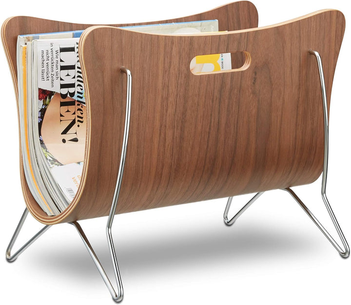 Relaxdays Zeitungsständer Holz, Bugholz, Zeitungskorb, modernes Design, robust, Tragegriffe, HBT 30