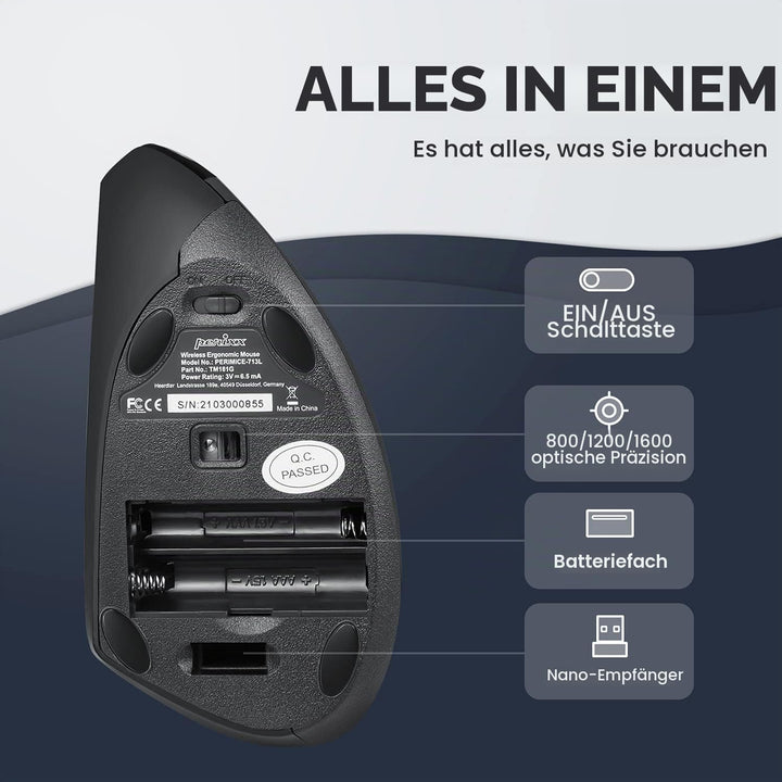Perixx PERIMICE-713 Ergonomische Linkshänder Maus - Vertikales Design - 2,4GHz - 800/1200/1600 DPI K
