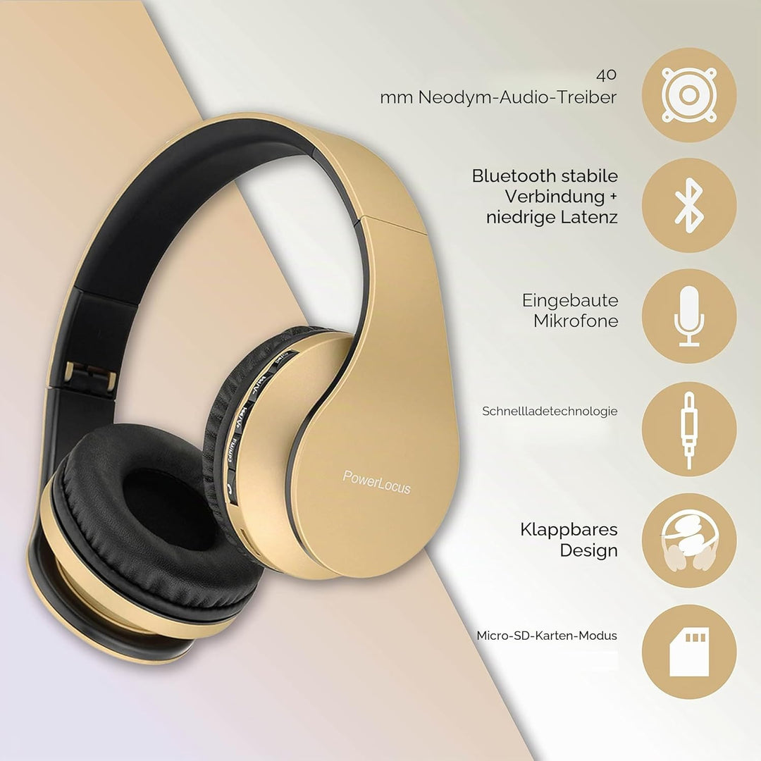 PowerLocus Bluetooth Kopfhörer Over Ear, Kabellose Kopfhörer, HiFi Stereo, Faltbare Kopfhörer mit Mi