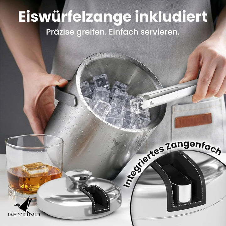 Beyond Eiswürfelbehälter mit Deckel und Zange 100% bpa frei aus Edelstahl - Eiswürfelkühler, doppelw
