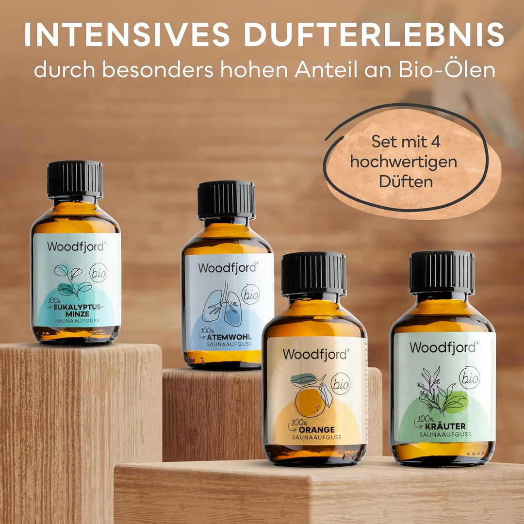 WOODFJORD Saunaaufguss Set BIO Harmonie I 4 verschiedene Saunadüfte und -Öle, je 100 ml I Premium Sa