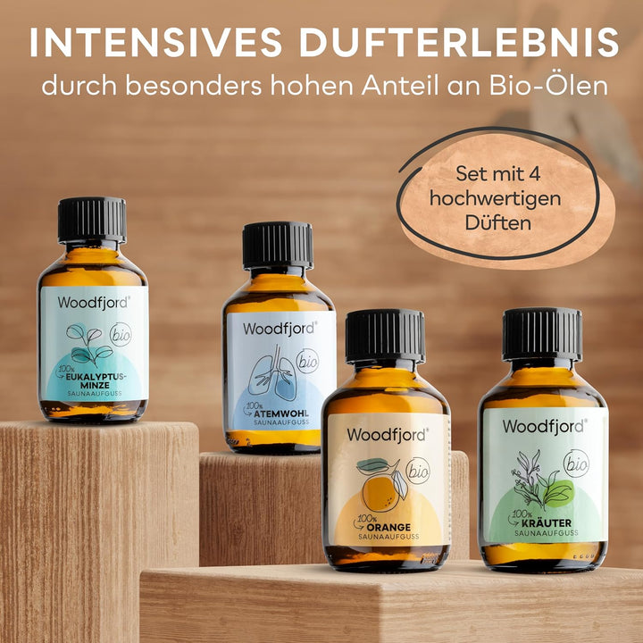 WOODFJORD Saunaaufguss Set BIO Harmonie I 4 verschiedene Saunadüfte und -Öle, je 100 ml I Premium Sa