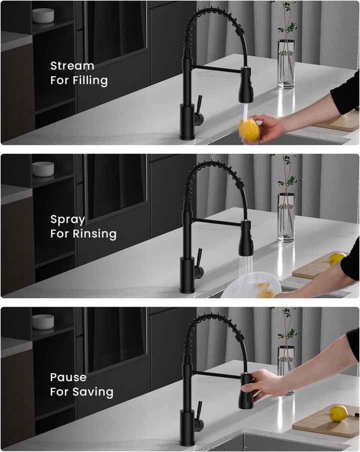 APPASO Wasserhahn Küche Schwarz, Hochdruck Mischbatterie mit 3 Strahlarten, 360° Drehbar Spültischar