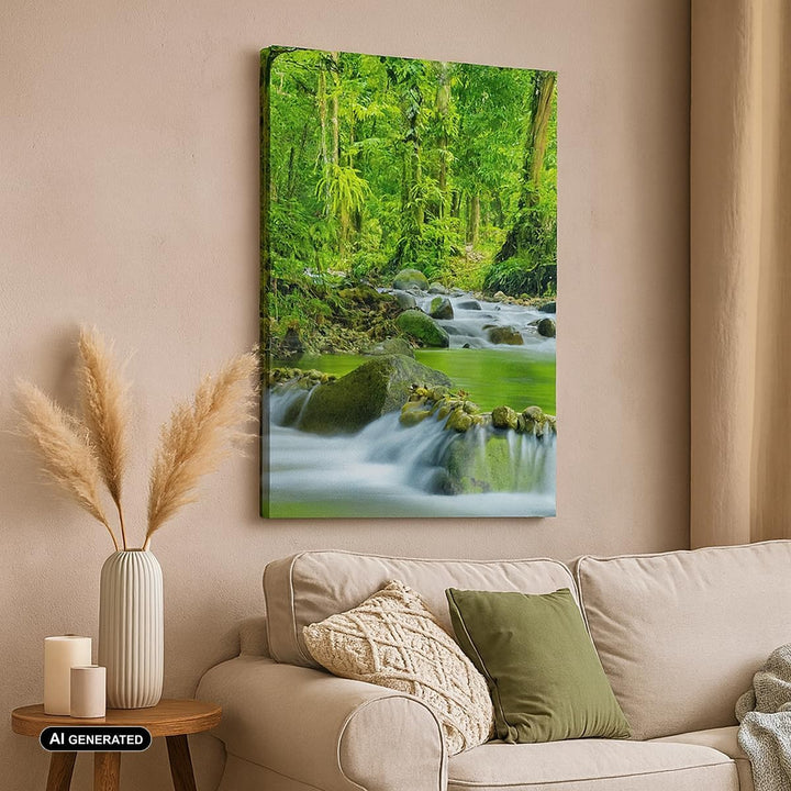 Bilder auf Leinwand 55x100cm Leinwandbild mit Rahmen Stream Wald Natur Gross Wanddeko Bild Schlafzim