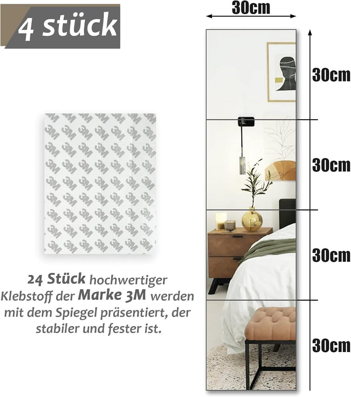 Muzilife Glas Spiegelfliesen 4 Stücke 30x30cm DIY Wandspiegel mit 4 Klebe Mat HD Spiegel Set in Küch