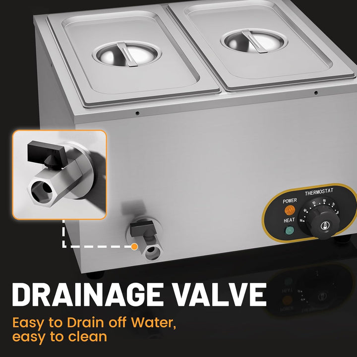Elektrische Speisenwärmer Bain Marie Gastro GN-Behältern 1/3 * 2 Warmhalter Edelstahl mit Ablaufhahn