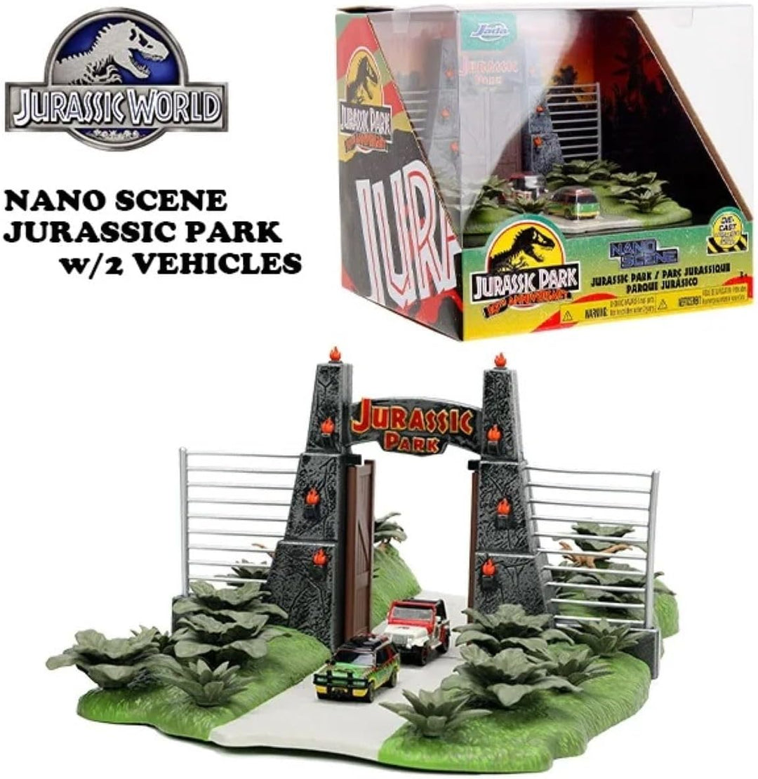 Nano Scene Jurassic Park 30th Anniversary Jurassic Gate Diorama w/ Two 4.2 cm Die-Cast Cars, Toys fo