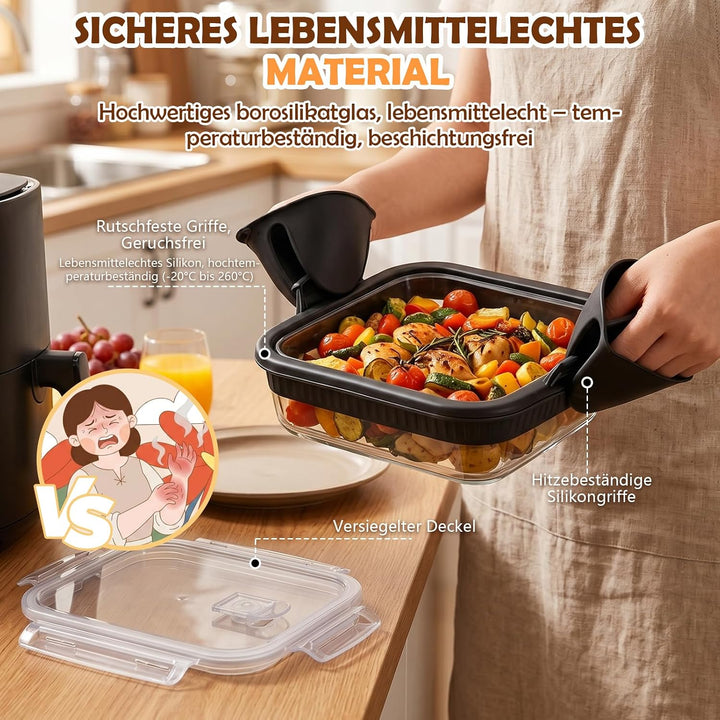 2 Stück Glas Auflaufform Airfryer, BPA-frei Glasform für Airfryer mit Deckel, Abnehmbaren Silikongri