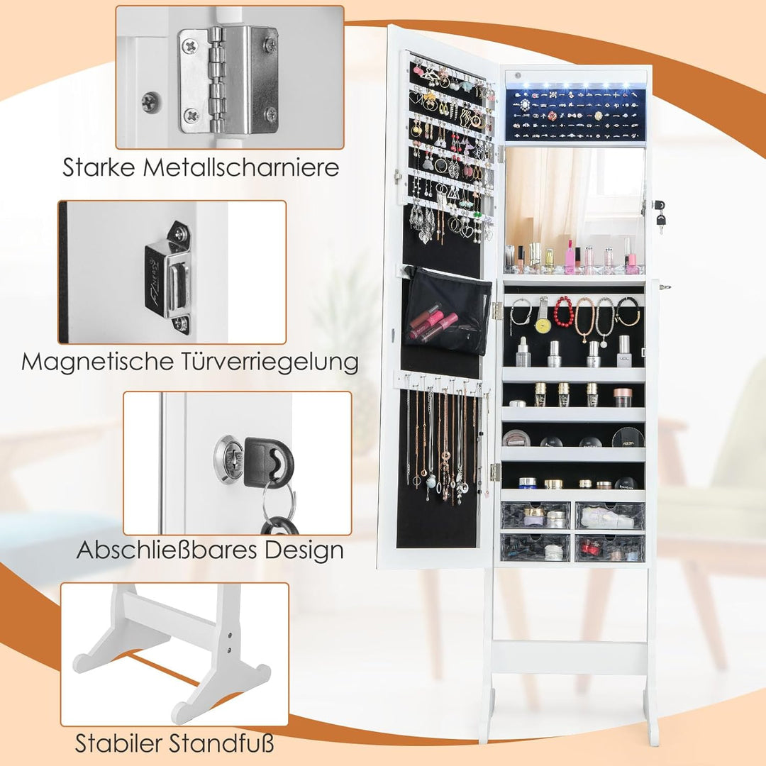 COSTWAY Schmuckschrank neigungsverstellbar, freistehender Schmuckregal mit Ganzkörperspiegel & inner