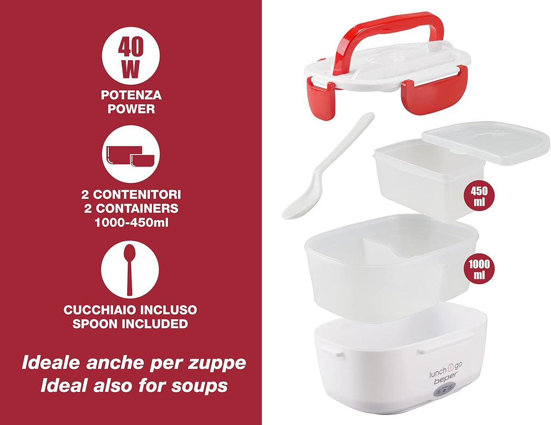 BEPER Lunch & Go - Wärmende Lunchbox, tragbarer elektrischer Speisenwärmer, 2 herausnehmbare Behälte
