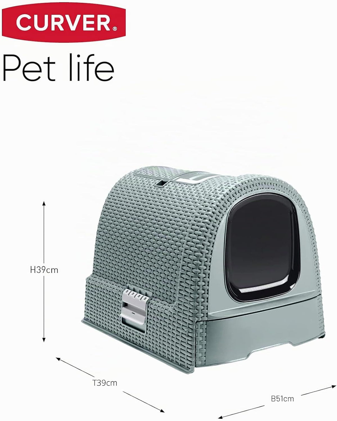 Curver petlife Katzentoilette mit Deckel, Katzenklo inklusive Schaufel, moderne Rattangeflecht-Optik