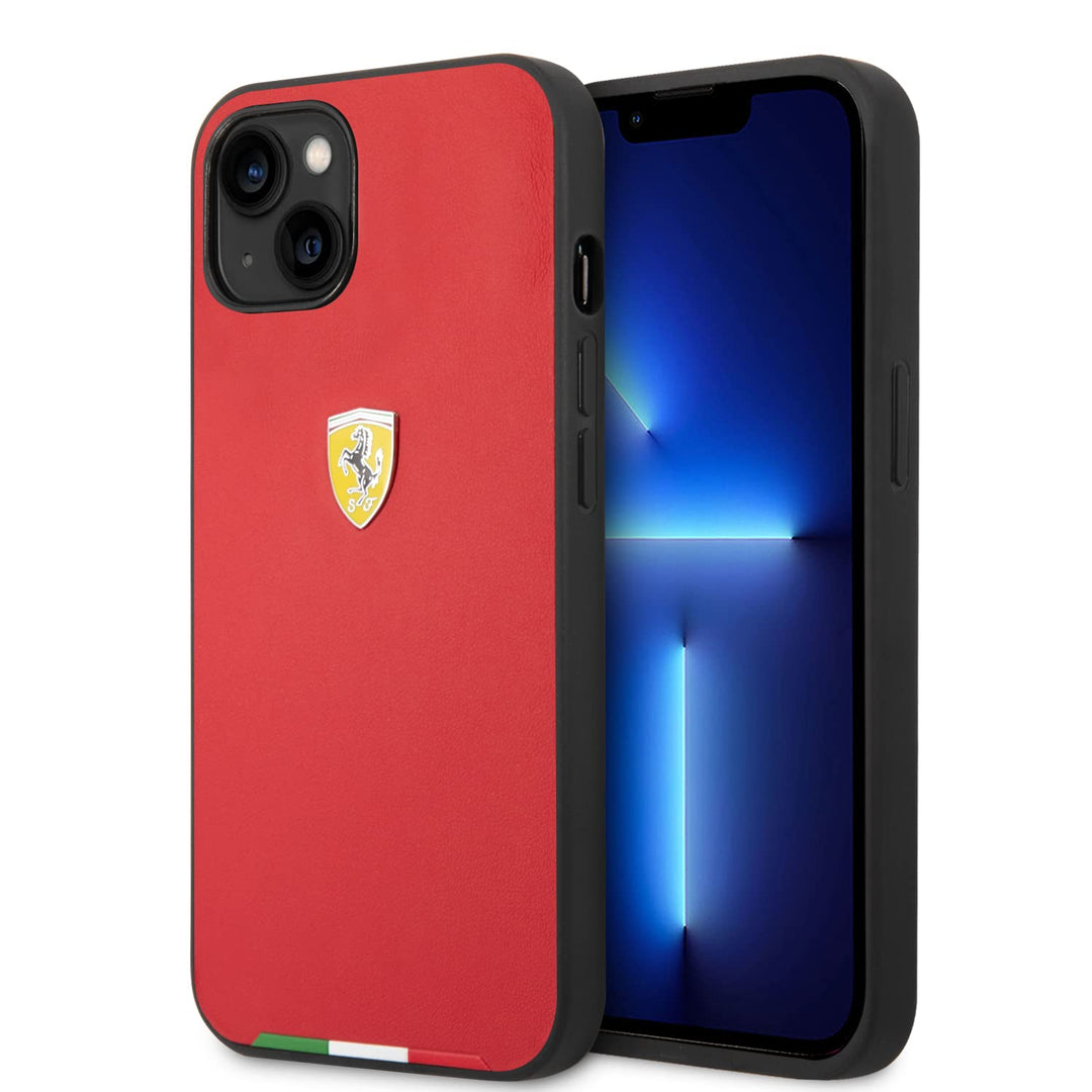 Ferrari Handyhülle für iPhone 14 Plus in Rot mit italienischer Flagge Linie, PU Leder Schutzhülle &
