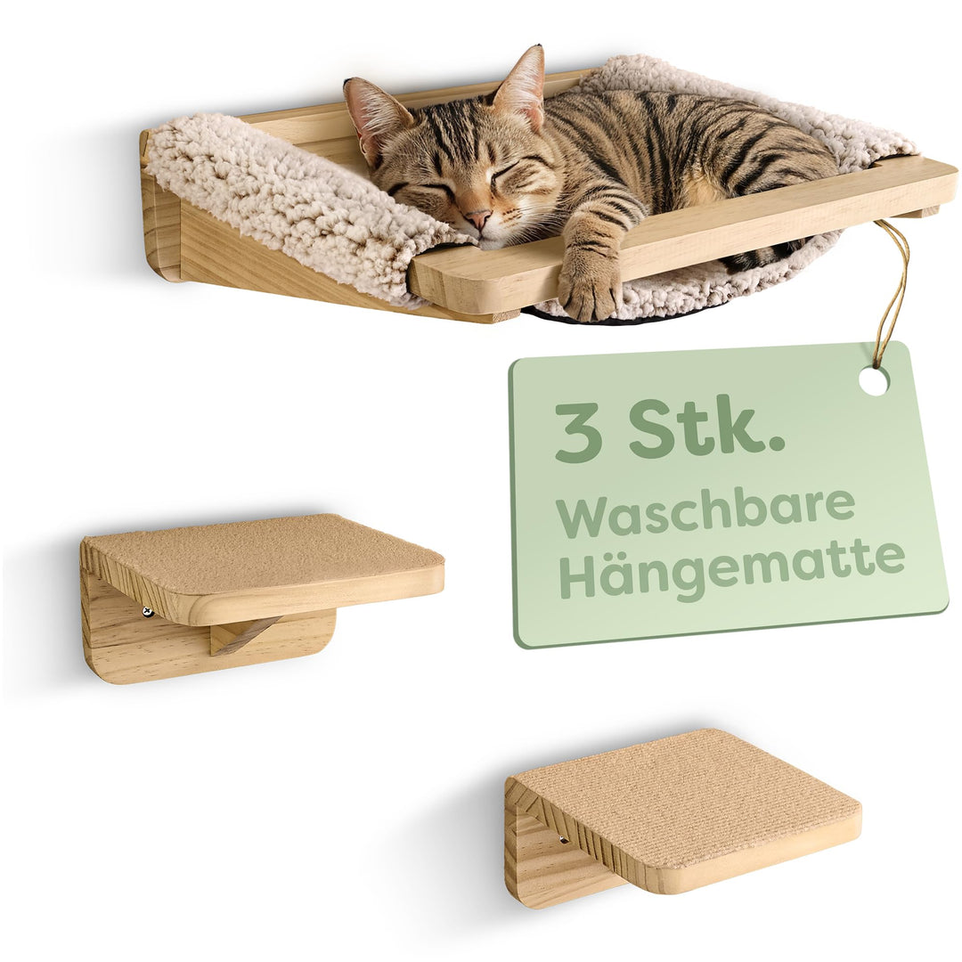Katzen Kletterwand Set mit Hängematte & 2X Katzentreppe – massives Kiefernholz, stabile Wandliege bi