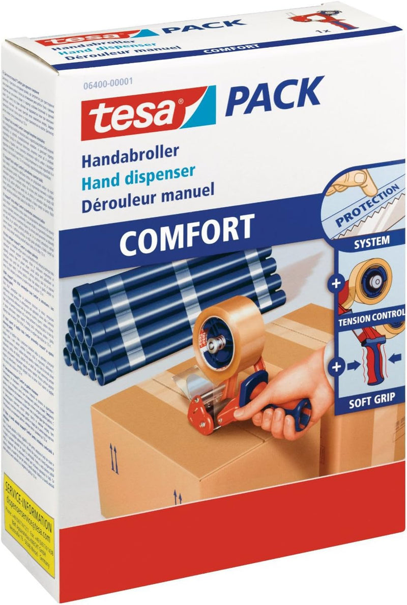 tesa 6400 Packband Handabroller COMFORT - Abroller für Paketbänder & Easy Cut Economy Klebebandabrol