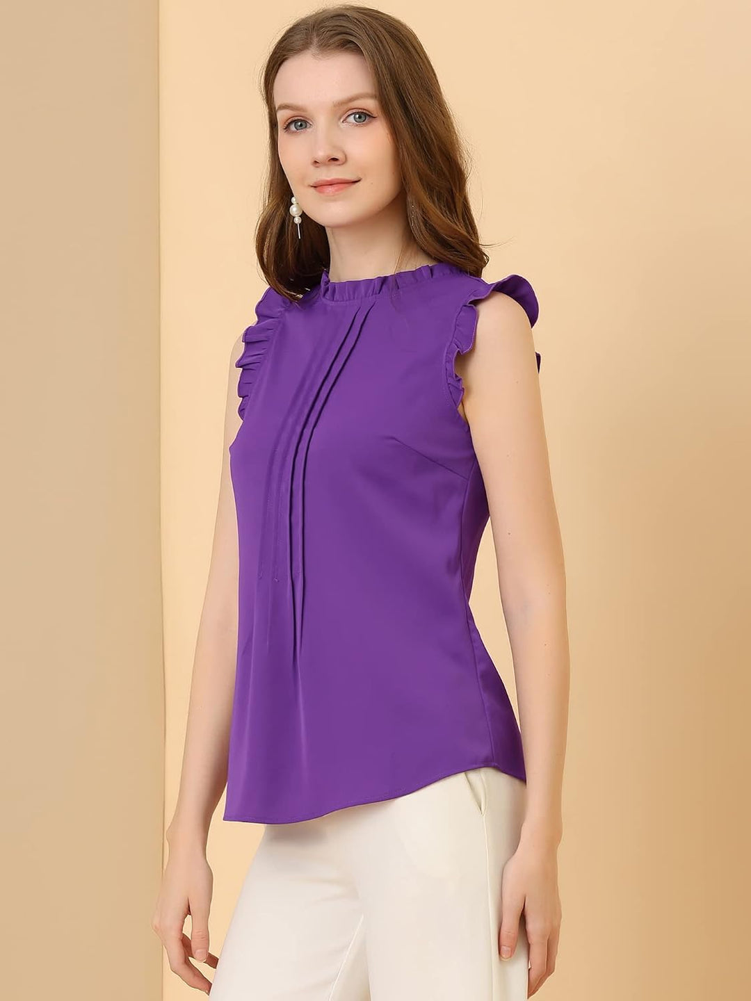 Allegra K Damen Plissee Oberteil Ärmellos Shirt Rundhals Elegante Rüschen Top Bluse M Dunkellila, M