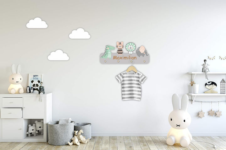 Garderobe mit Wunschname inkl. DIN A4 Poster - Personalisierte Kindergarderobe mit 4 Kleiderhaken fü