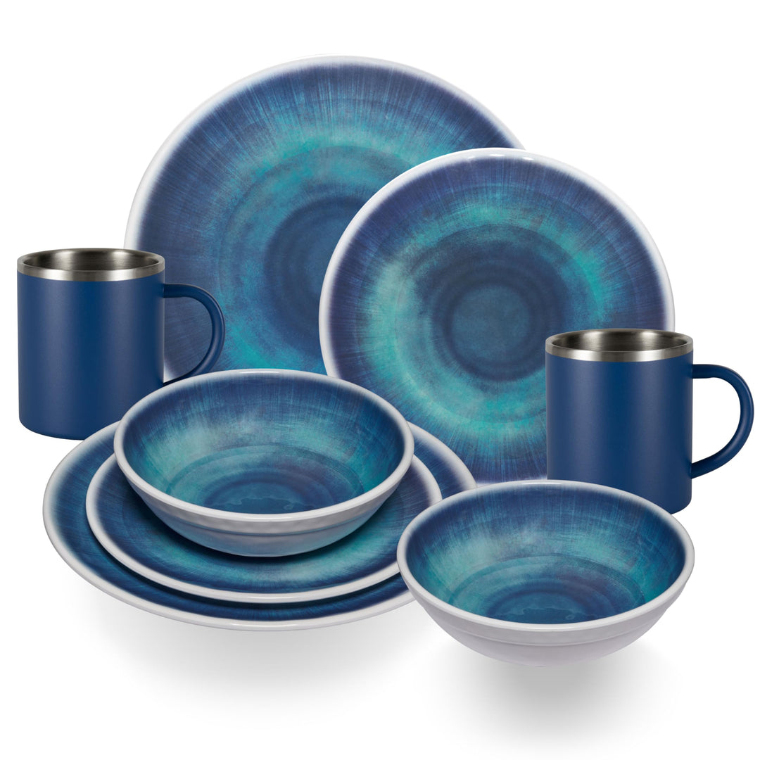 Melamin Geschirr Set Jesolo Blau - mit Edelstahl Thermo Tassen Steingutoptik Spülmaschinengeeignet E