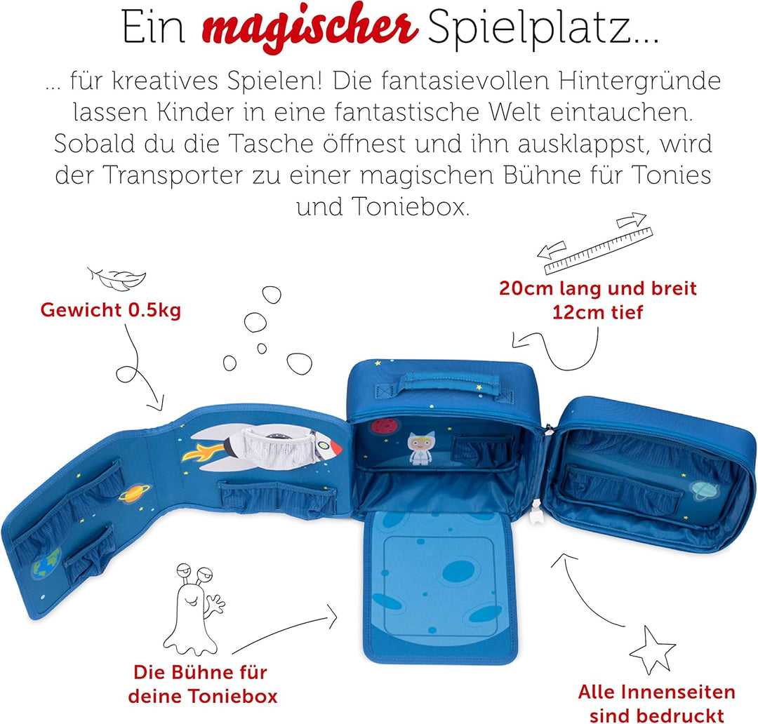 tonies Bühnen-Transporter Durch die Galaxie, Transporttasche für Mind. 14 Hörfiguren, ausklappbare P
