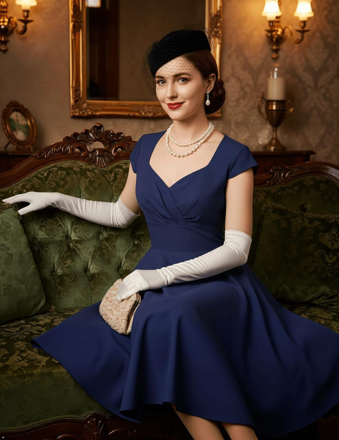 Bbonlinedress 1950er Vintage Retro Cocktailkleid Rockabilly V-Ausschnitt Faltenrock Abendkleid Party