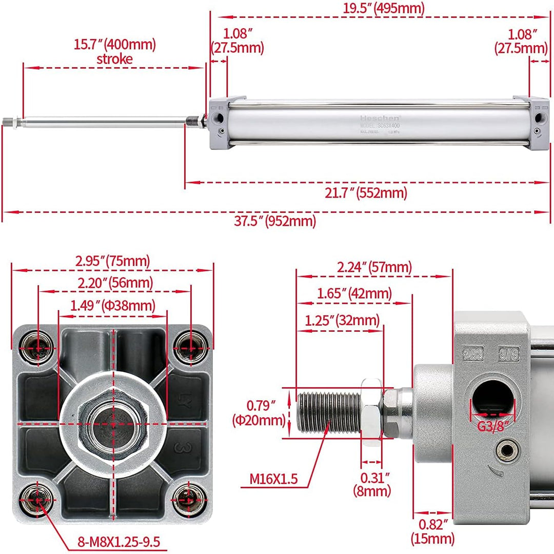 Heschen Pneumatischer Standard-Luftdruckzylinder, SC 63-400, PT3/8 Anschluss, 63mm Bohrung, 400mm Hu