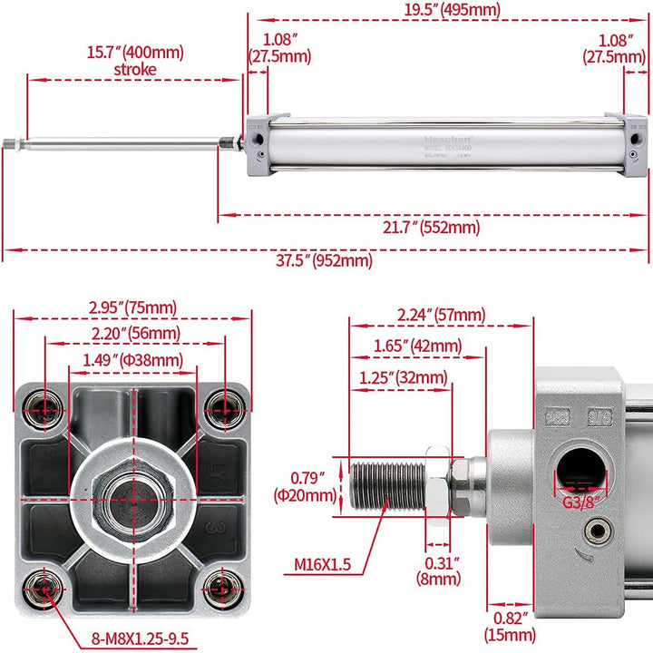 Heschen Pneumatischer Standard-Luftdruckzylinder, SC 63-400, PT3/8 Anschluss, 63mm Bohrung, 400mm Hu