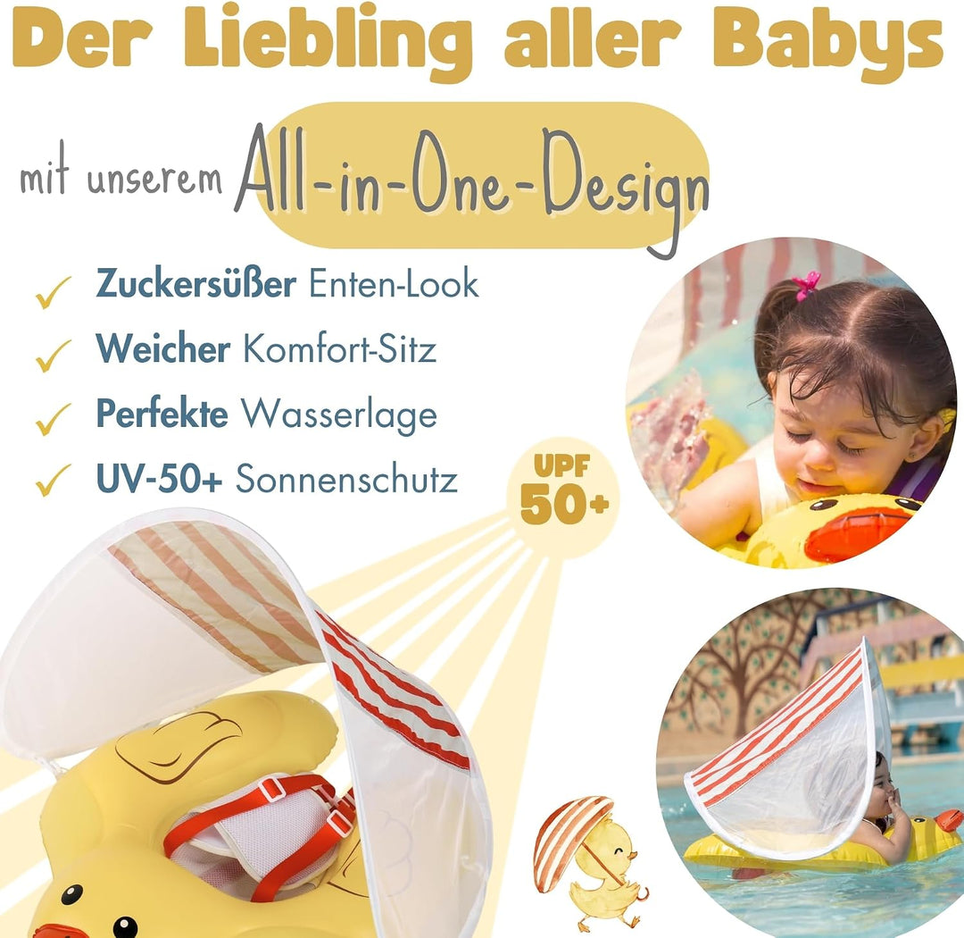 EDWEKIN® Einzigartiger Baby Schwimmtrainer mit abnehmbarem Sonnendach, Ente Schwimmring Baby, Baby S