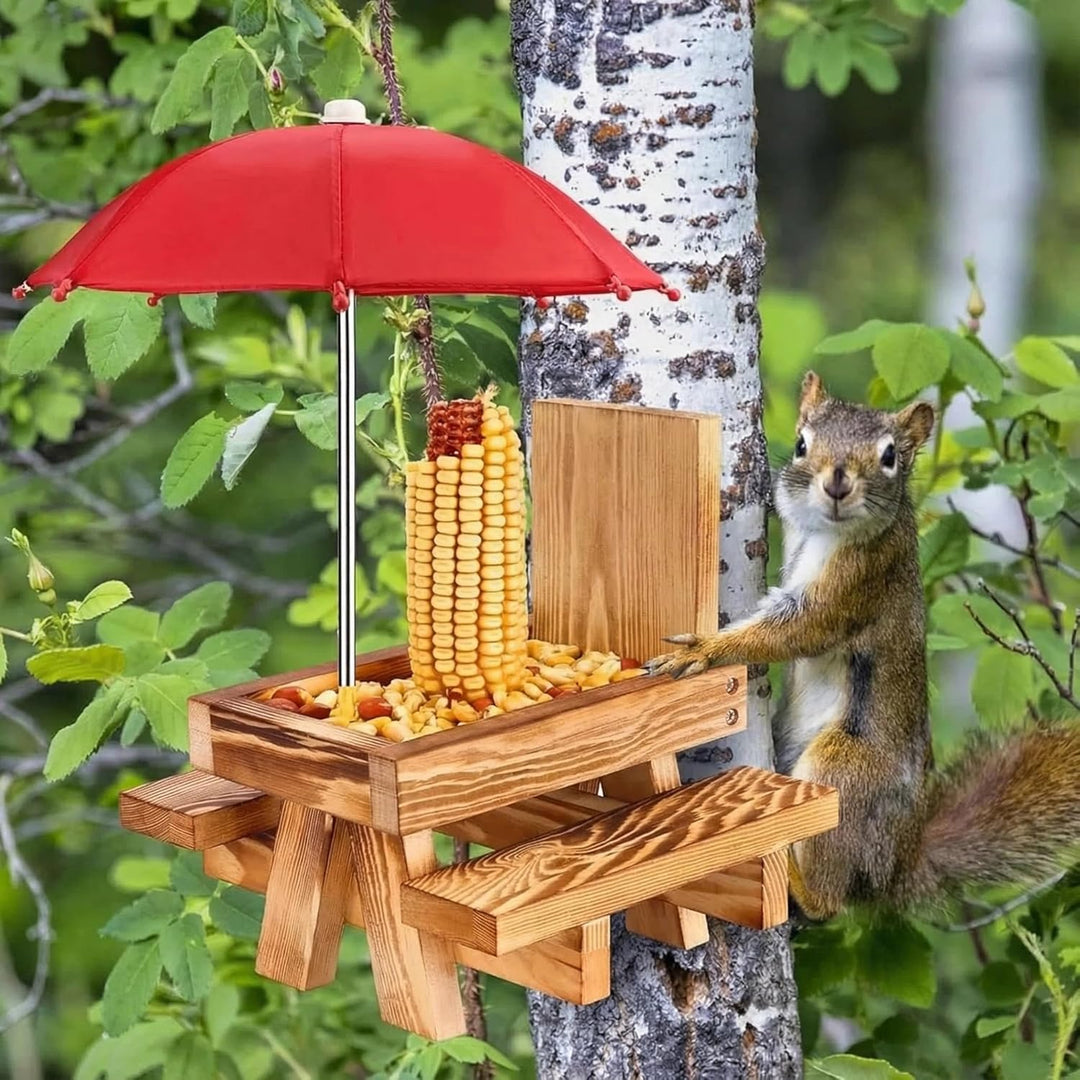 Eichhörnchen Futterhaus Wetterfest mit Regenschirm Hölzerner Eichhörnchen Picknick Tisch mit Maiskol