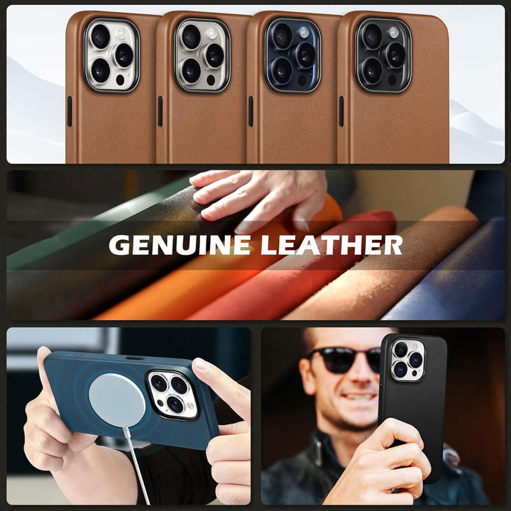 SHIELDON Hülle für iPhone 15 Pro Handyhülle Case [Echtleder] [Kabellos Laden] [Magnet] [Ultra Dünn]