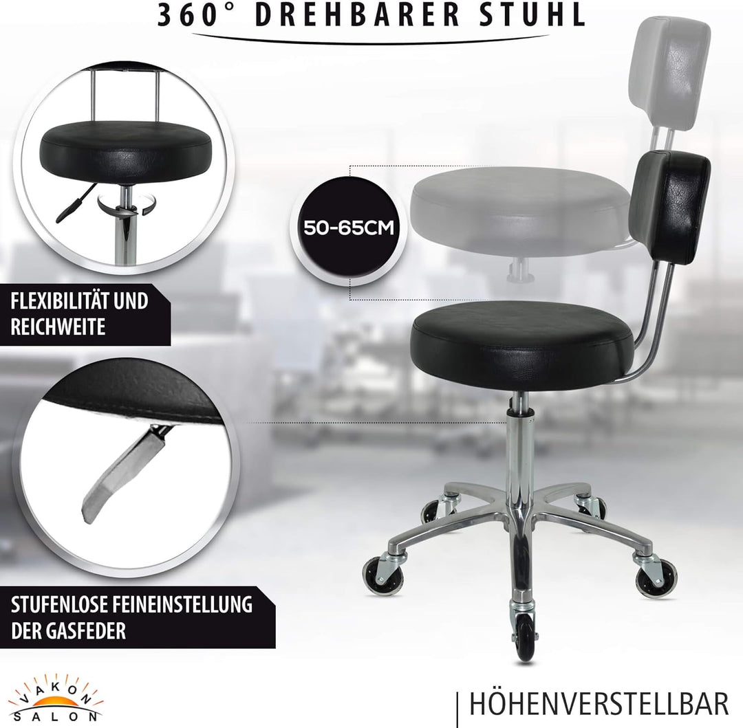 VAKON SALON - Premium Rollhocker mit Lehne höhenverstellbar von 50 bis 65 cm - Rundsitz- Drehhocker