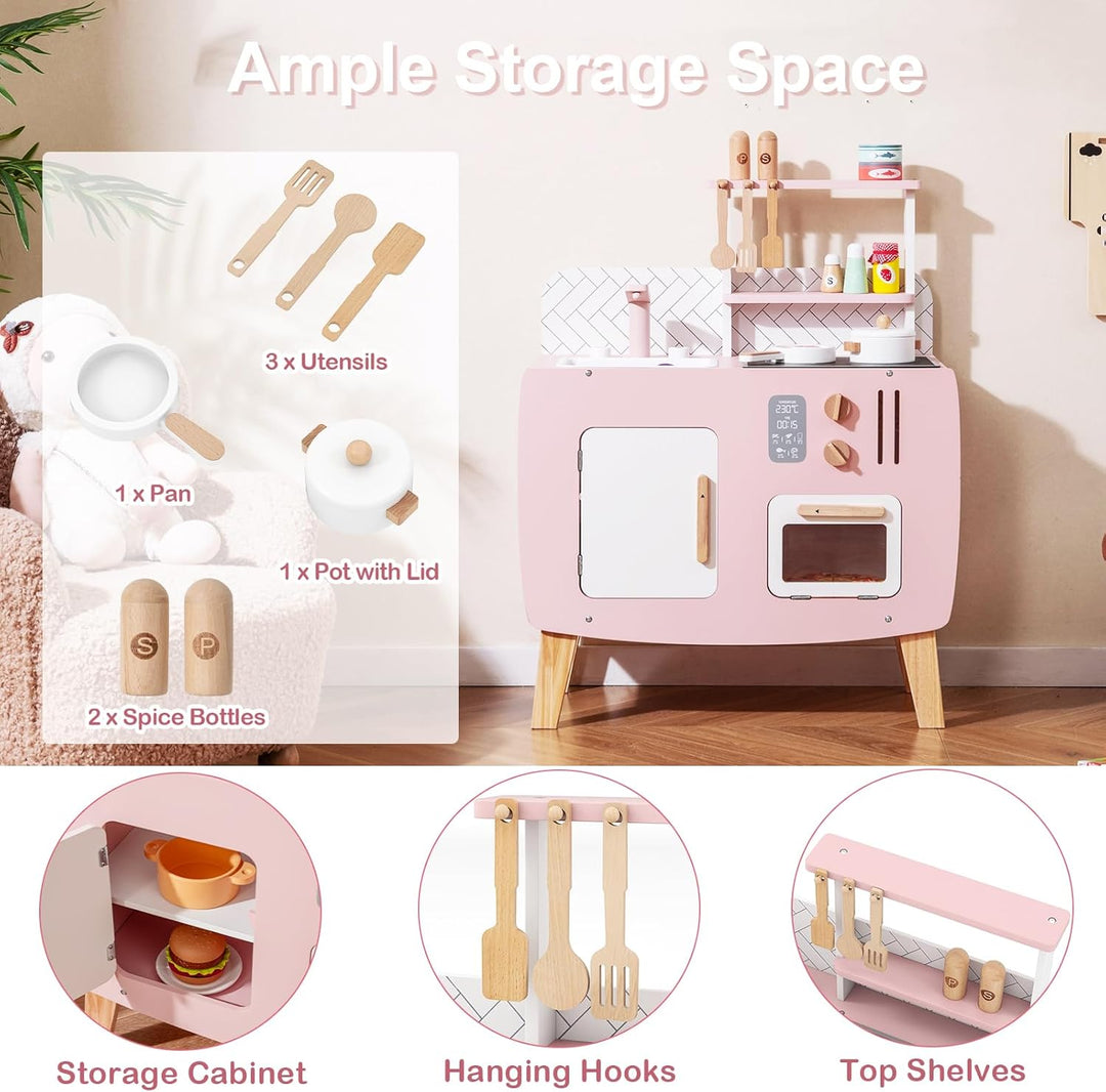 HOMASIS Spielküche mit 7 Zubehör, Kinderküche mit Spüle, Herd & Ofen, kleine Spielzeugküche aus Holz