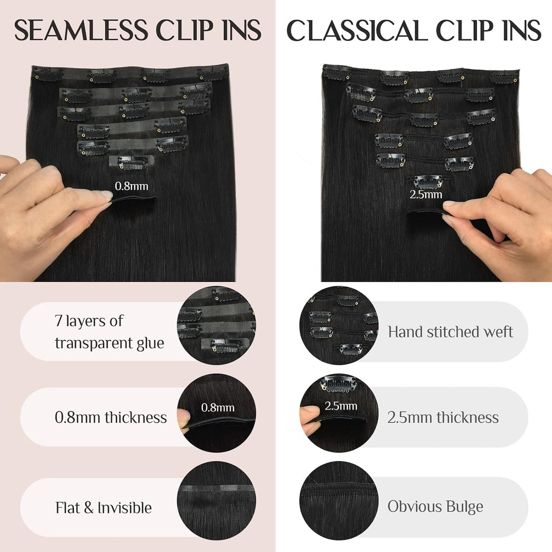 MAXITA Seamless Clip in Extensions Echthaar, 45cm 18 Zoll 110g 7 Stück Tief Schwarz PU Echthaar Exte
