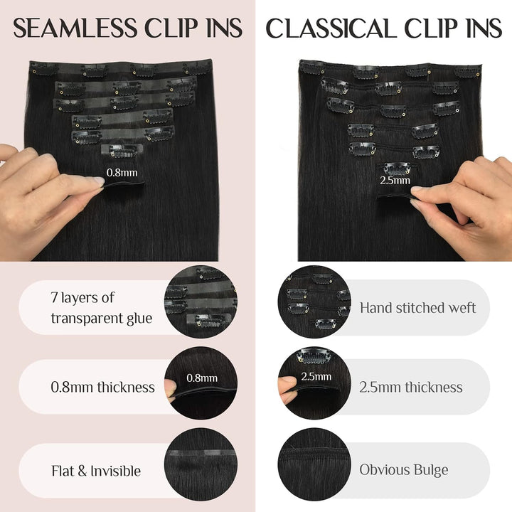 MAXITA Seamless Clip in Extensions Echthaar, 45cm 18 Zoll 110g 7 Stück Tief Schwarz PU Echthaar Exte